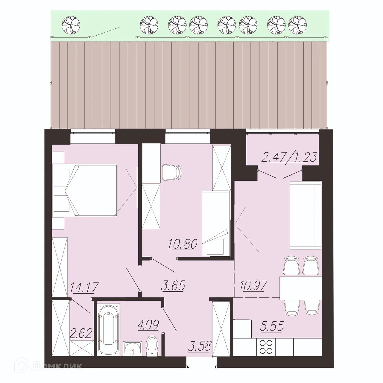 Планировка 2-комнатной квартиры 55.3 м² в ЖК Южный Парк, г. Южноуральск — фото 1