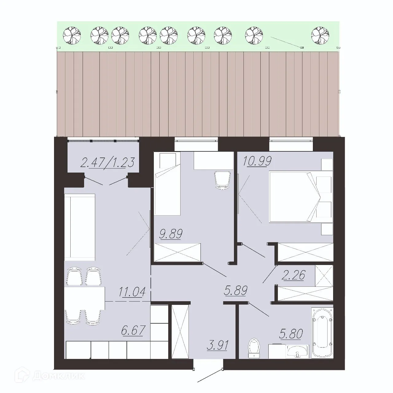 Планировка 2-комнатной квартиры 56 м² в ЖК Южный Парк, г. Южноуральск — фото 1