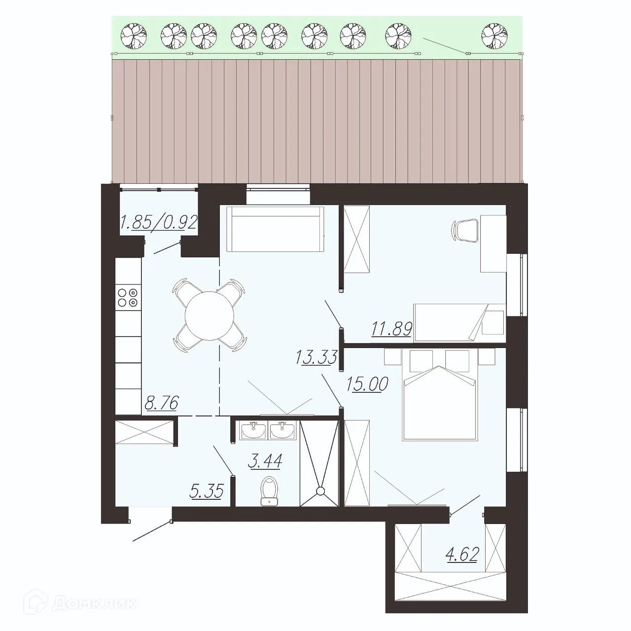 Планировка 2-комнатной квартиры 62 м² в ЖК Южный Парк, г. Южноуральск — фото 1