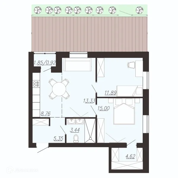 Планировка 2 комн. в ЖК Южный Парк