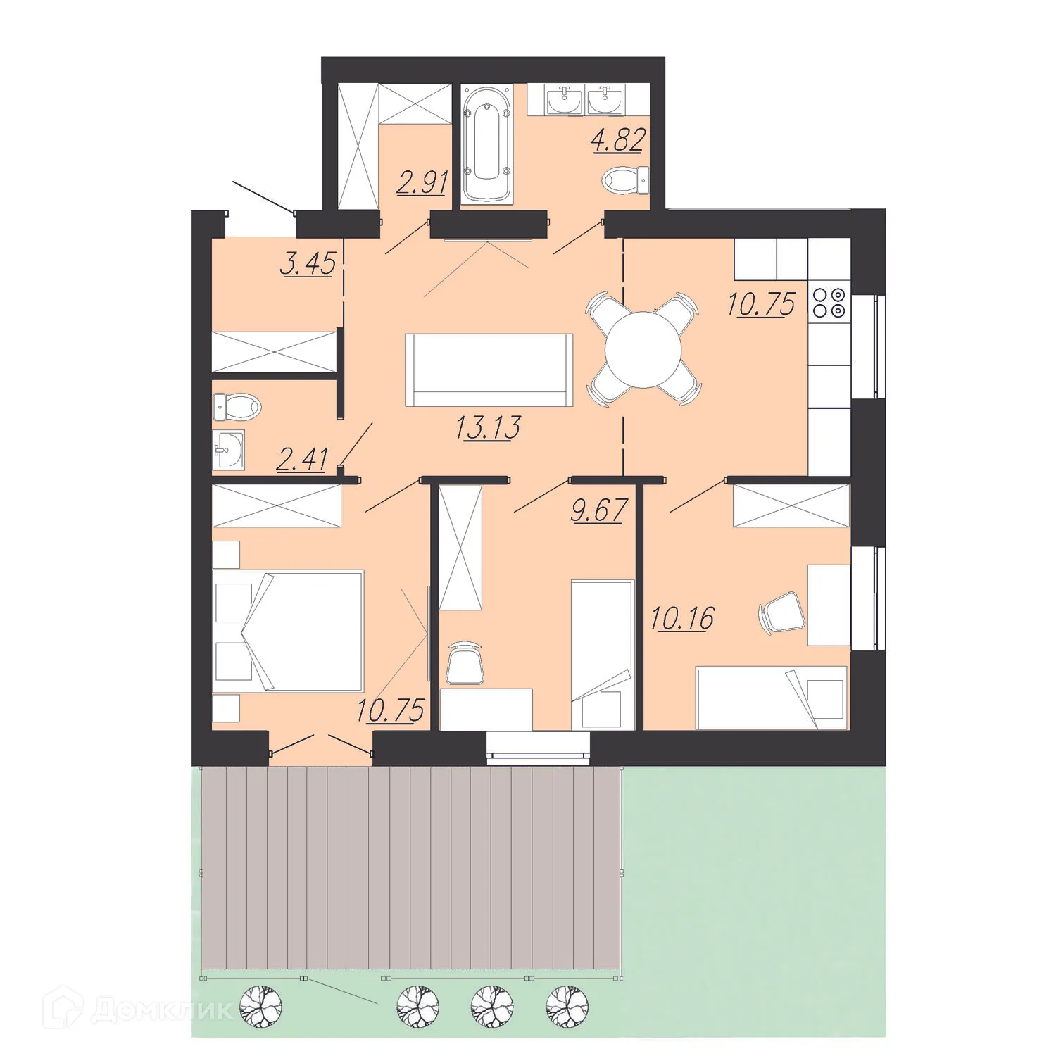 Планировка 3-комнатной квартиры 67.6 м² в ЖК Южный Парк, г. Южноуральск — фото 1