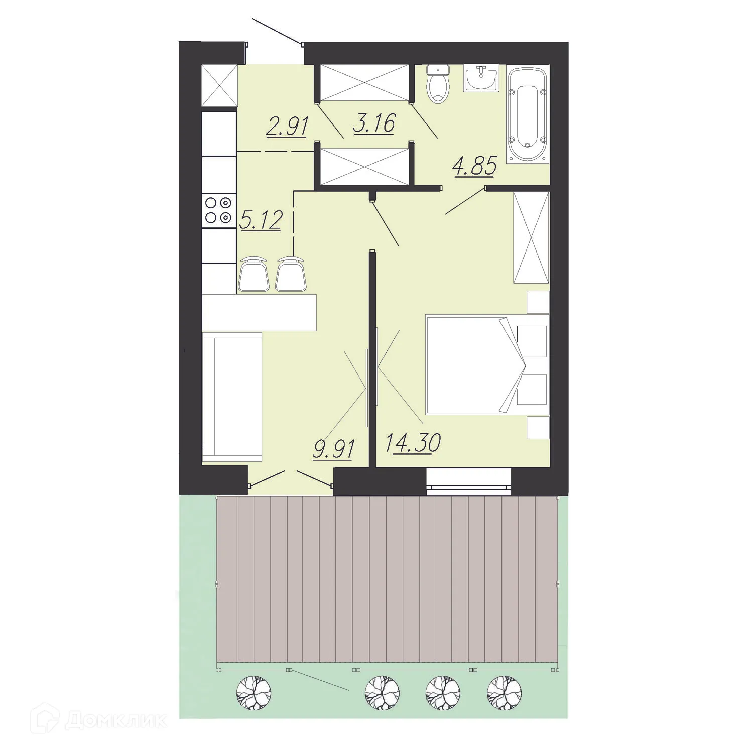 Планировка 1-комнатной квартиры 40 м² в ЖК Южный Парк, г. Южноуральск — фото 1