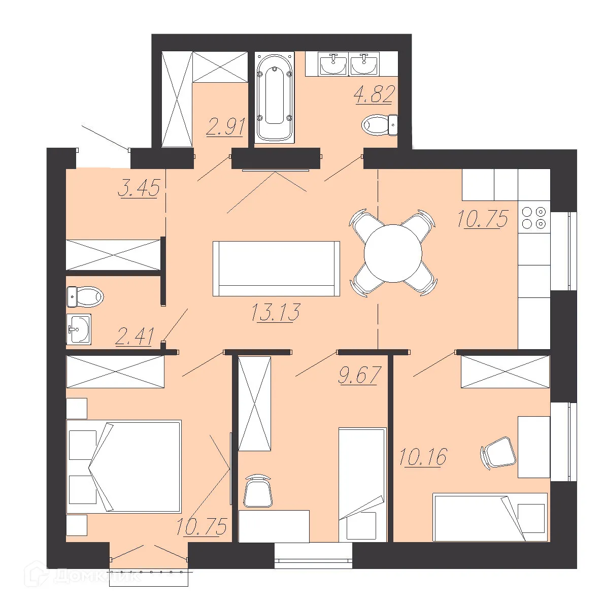 Планировка 3-комнатной квартиры 68.1 м² в ЖК Южный Парк, г. Южноуральск — фото 1