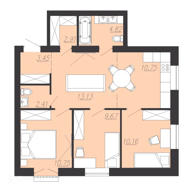 Планировка 3 комн. в ЖК Южный Парк