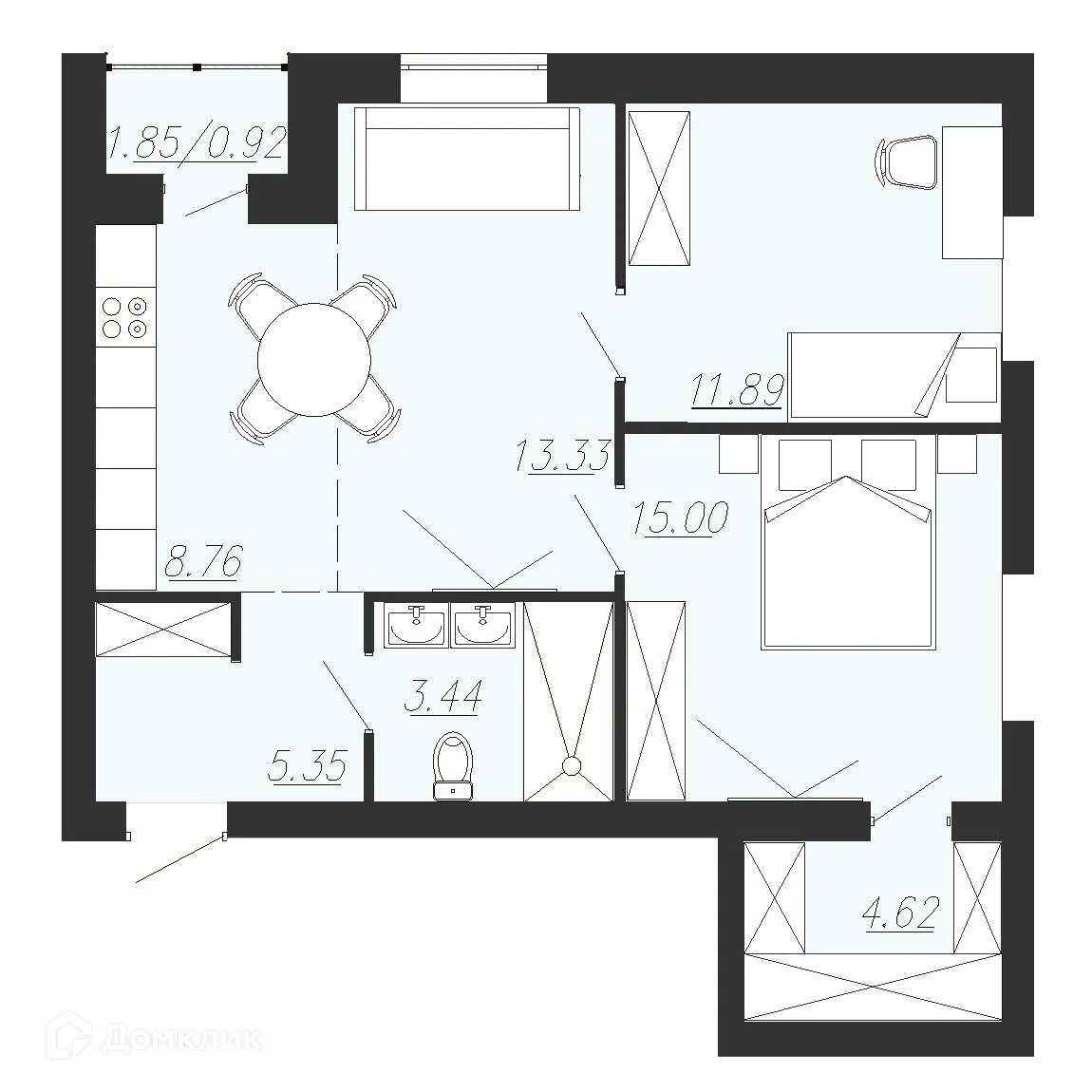 Планировка 2-комнатной квартиры 63.3 м² в ЖК Южный Парк, г. Южноуральск — фото 1