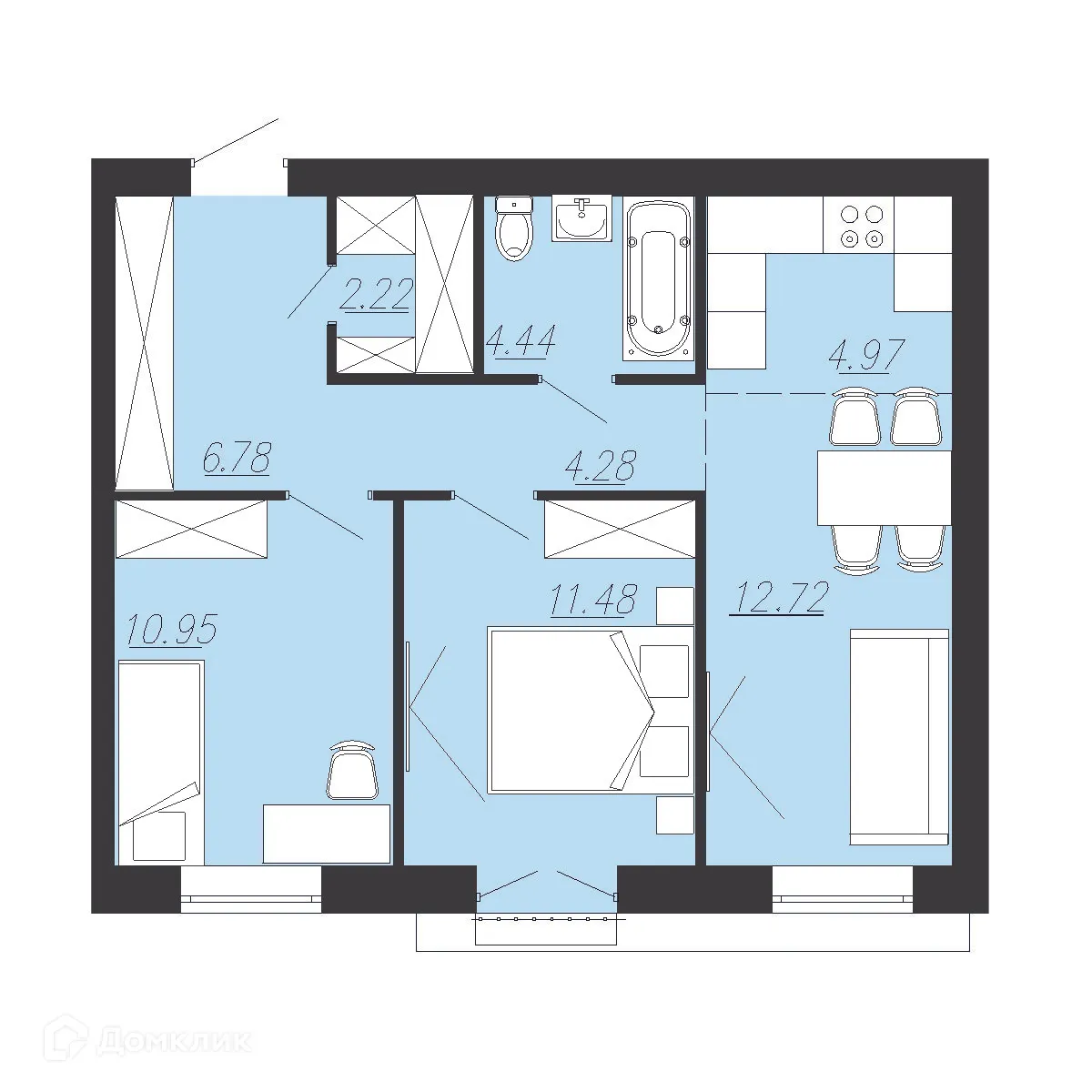 Планировка 2-комнатной квартиры 57.8 м² в ЖК Южный Парк, г. Южноуральск — фото 1