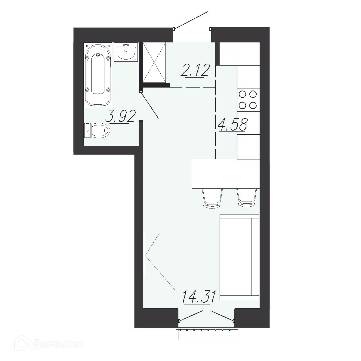 Планировка студии квартиры 24.9 м² в ЖК Южный Парк, г. Южноуральск — фото 1