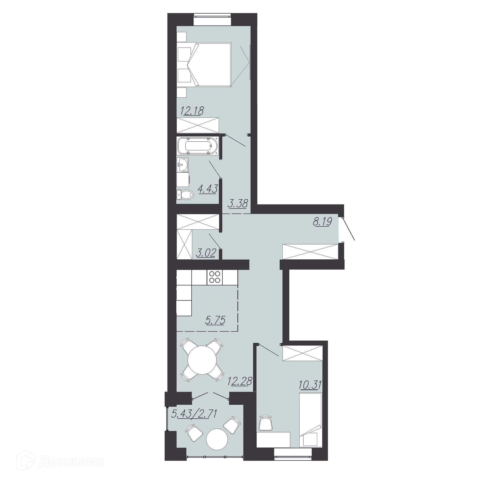 Планировка 2-комнатной квартиры 62.3 м² в ЖК Южный Парк, г. Южноуральск — фото 1