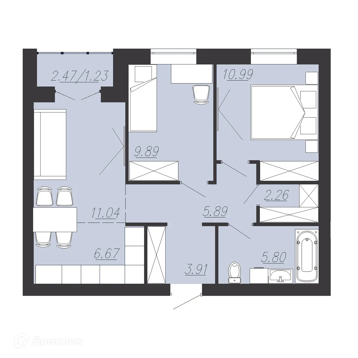 Планировка 2-комнатной квартиры 57.7 м² в ЖК Южный Парк, г. Южноуральск — фото 1