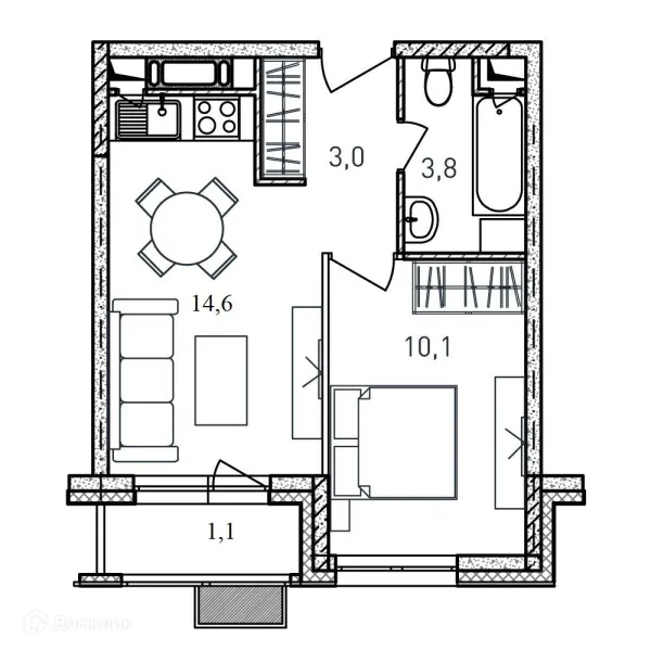Планировка 1 комн. в ЖК Квартал Светлый