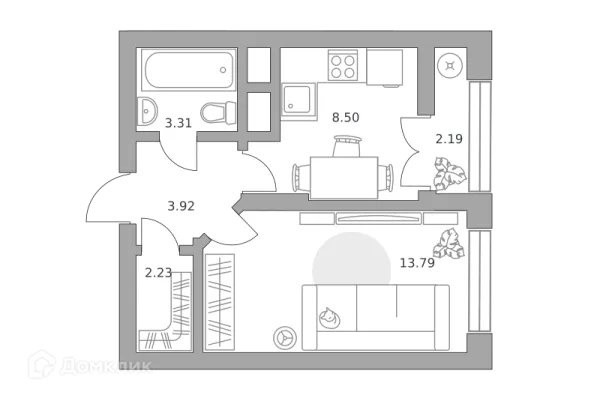 Планировка 1 комн. в ЖК Пехра
