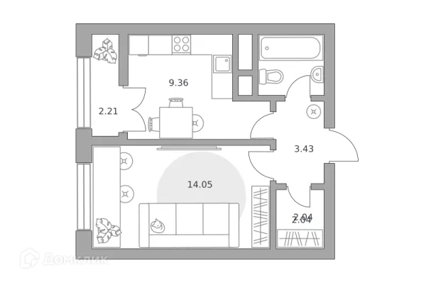 Планировка 1 комн. в ЖК Пехра