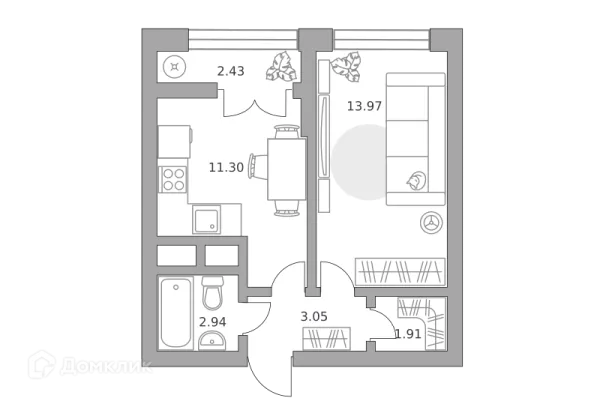 Планировка 1 комн. в ЖК Пехра