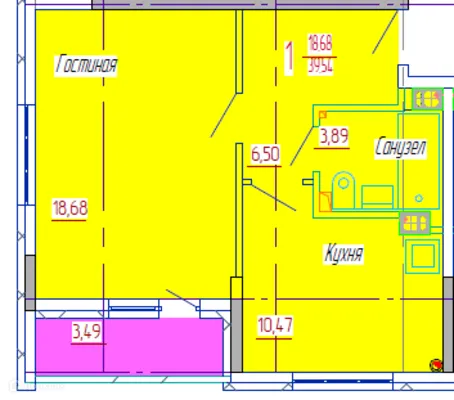 Планировка 1-комнатной квартиры 42.93 м² в ЖК Волгоречье, г. Бор — фото 1