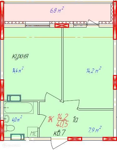 Планировка 1-комнатной квартиры 47.3 м² в ЖК Волгоречье, г. Бор — фото 1