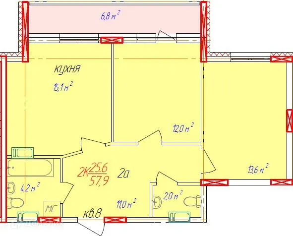 Планировка 2-комнатной квартиры 64.7 м² в ЖК Волгоречье, г. Бор — фото 1
