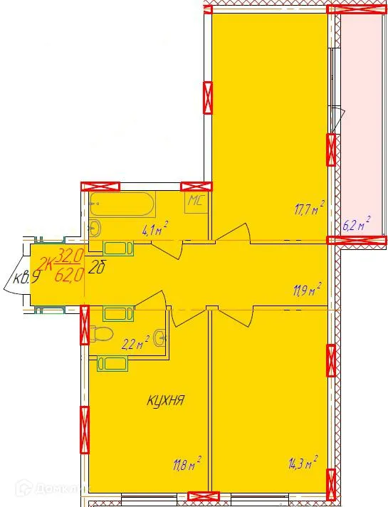 Планировка 2-комнатной квартиры 67.9 м² в ЖК Волгоречье, г. Бор — фото 1