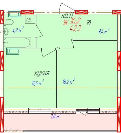 Планировка 1-комнатной квартиры 49.8 м² в ЖК Волгоречье, г. Бор — фото 1