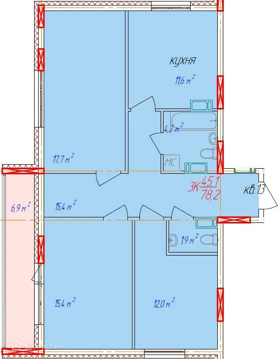 Планировка 3-комнатной квартиры 84.8 м² в ЖК Волгоречье, г. Бор — фото 1
