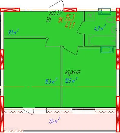 Планировка 1-комнатной квартиры 48.2 м² в ЖК Волгоречье, г. Бор — фото 1