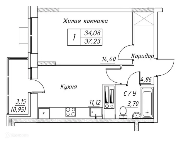 Планировка 1 комн. в ЖК Большевик