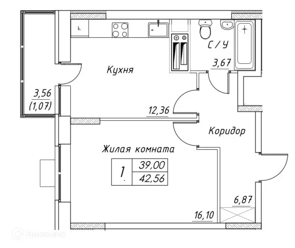 Планировка 1 комн. в ЖК Большевик