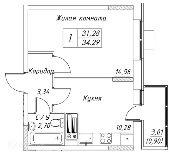Планировка 1 комн. в ЖК Большевик