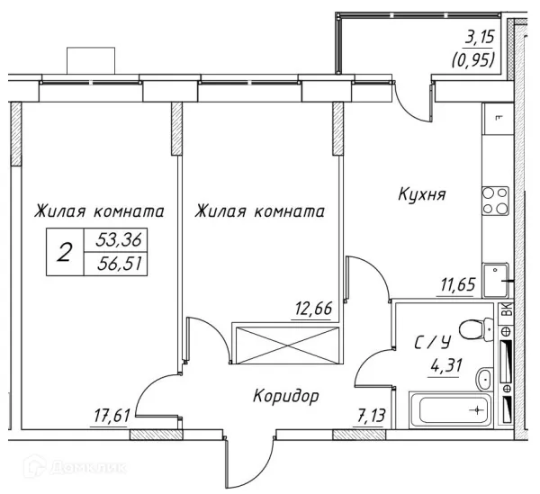 Планировка 2 комн. в ЖК Большевик