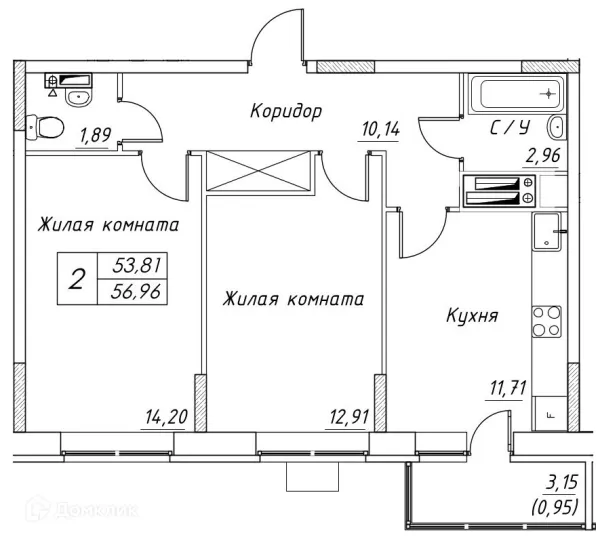 Планировка 2 комн. в ЖК Большевик