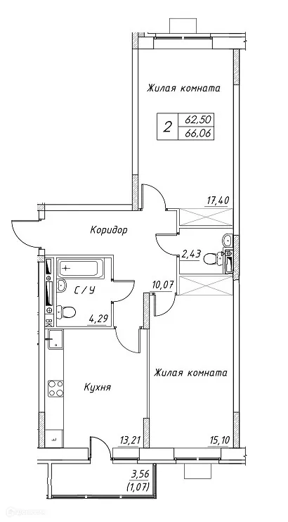 Планировка 2 комн. в ЖК Большевик