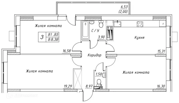 Планировка 3 комн. в ЖК Большевик
