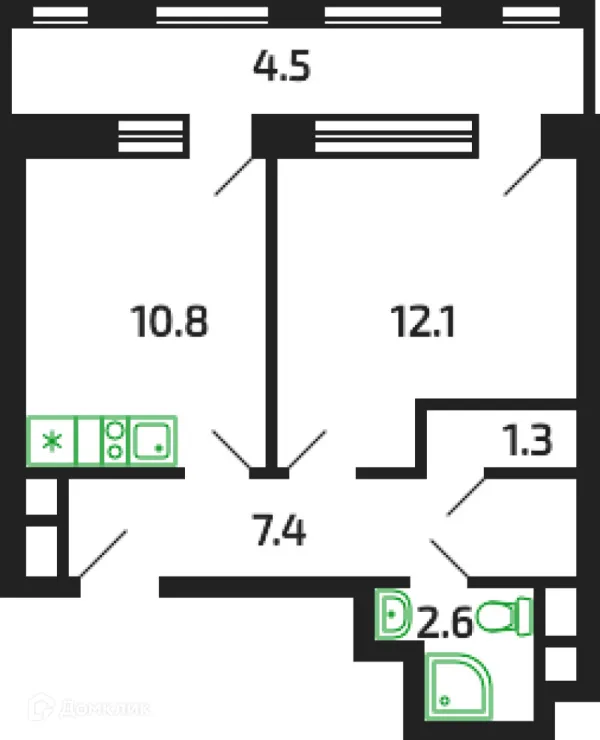 Планировка 1 комн. в ЖК "Брусчатый посёлок"