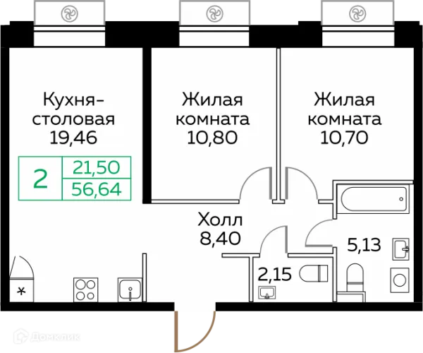 Планировка 2 комн. в ЖК КИТ