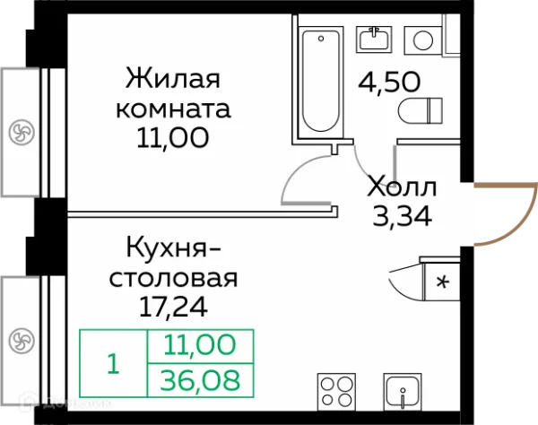 Планировка 1 комн. в ЖК КИТ