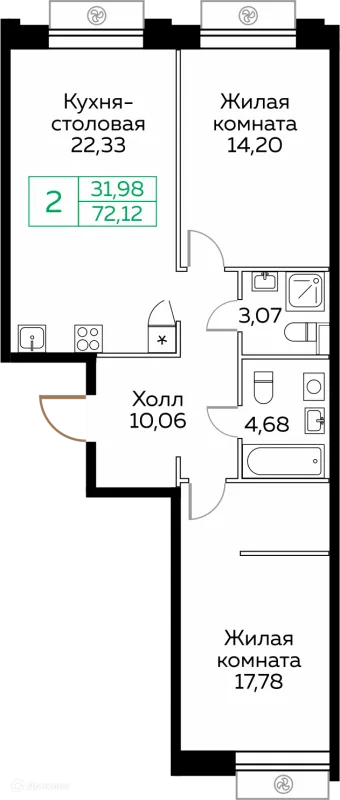 Планировка 2 комн. в ЖК КИТ