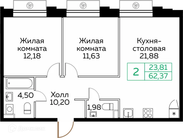 Планировка 2 комн. в ЖК КИТ