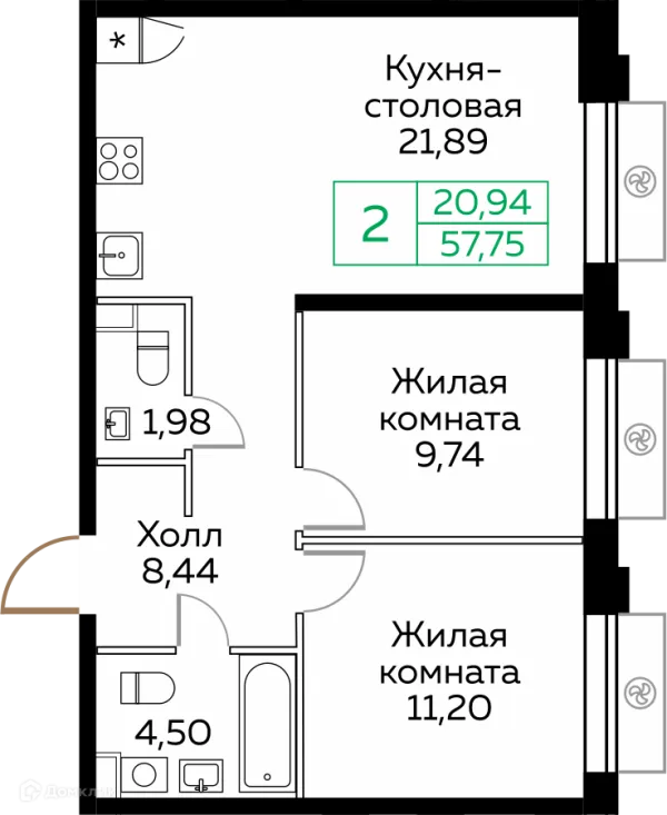 Планировка 2 комн. в ЖК КИТ