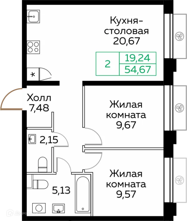 Планировка 2 комн. в ЖК КИТ