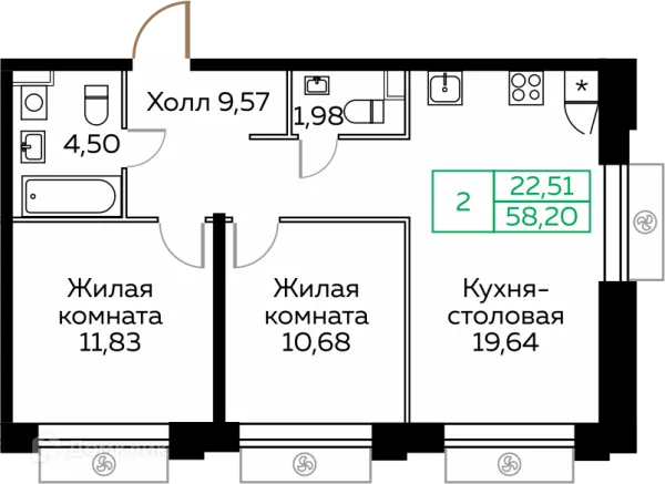 Планировка 2 комн. в ЖК КИТ