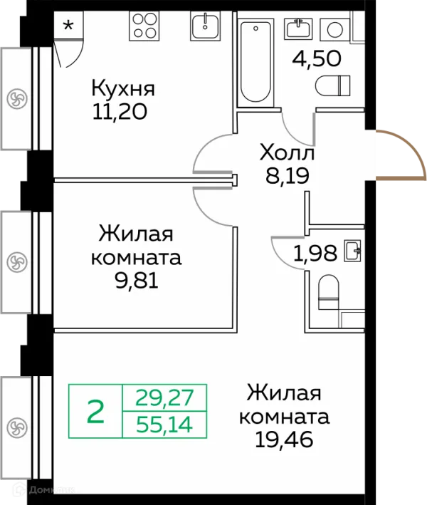 Планировка 2 комн. в ЖК КИТ