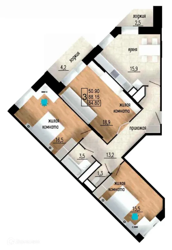 Планировка 3 комн. в ЖК ЛИТЕЙНЫЙ