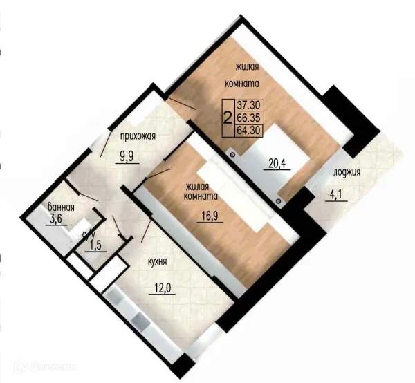 Планировка 2 комн. в ЖК ЛИТЕЙНЫЙ