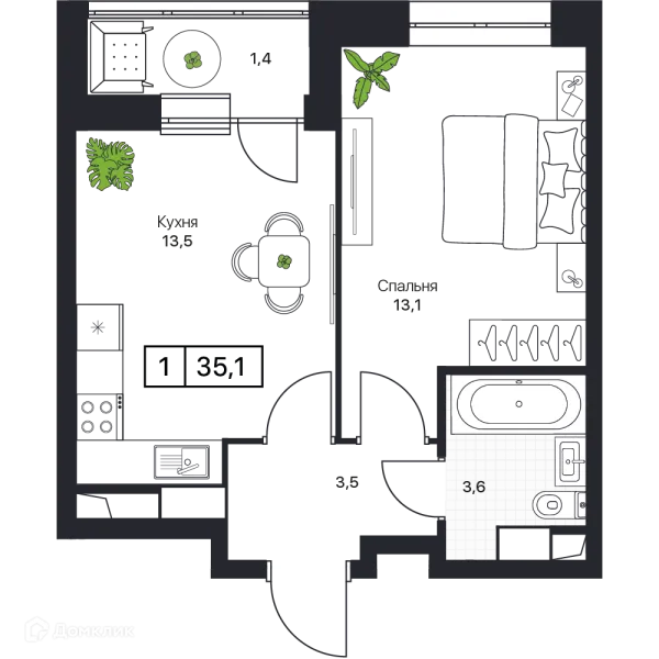 Планировка 1 комн. в ЖК Пушкино Град