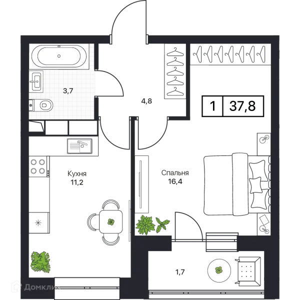 Планировка 1 комн. в ЖК Пушкино Град
