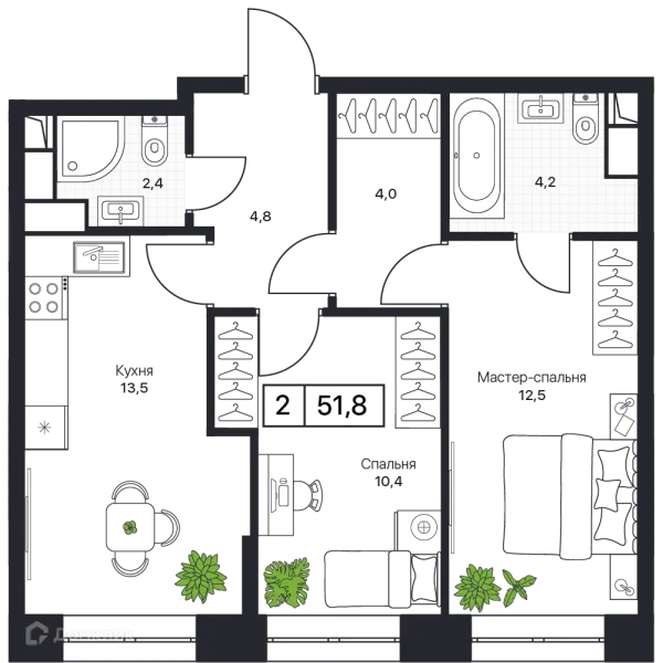 Планировка 2 комн. в ЖК Пушкино Град