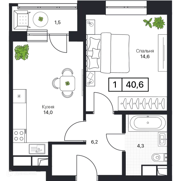 Планировка 1 комн. в ЖК Пушкино Град