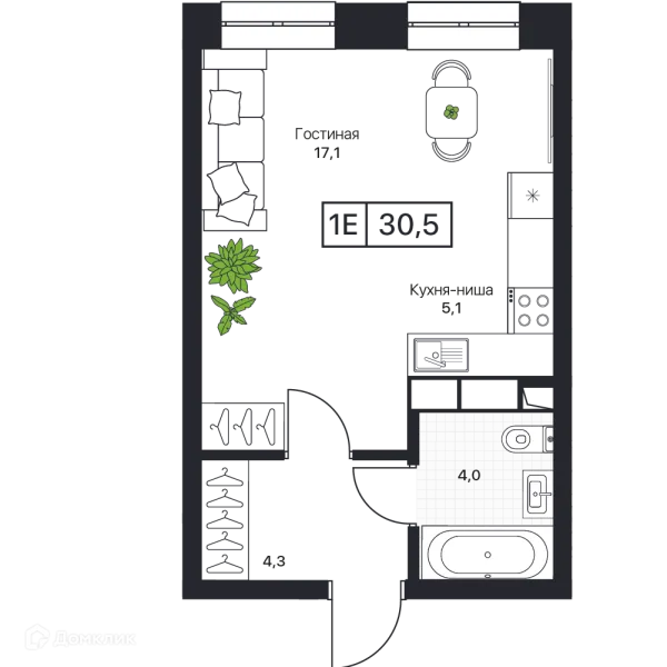 Планировка 1 комн. в ЖК Пушкино Град