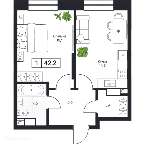 Планировка 1 комн. в ЖК Пушкино Град