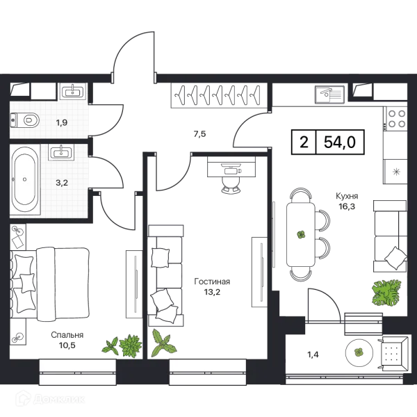 Планировка 2 комн. в ЖК Пушкино Град