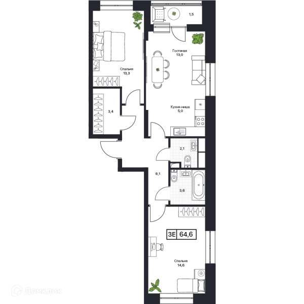 Планировка 3 комн. в ЖК Пушкино Град